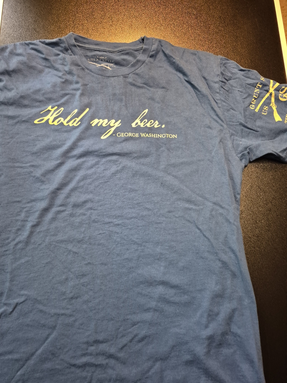 Grunt Style Hold My Beer George Washington Tee - Blue with Yellow Script